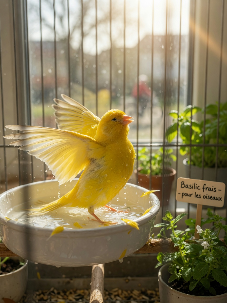 Yellow canary enjoying a bath in water, wings spread and feathers wet, positioned near a sunlit window