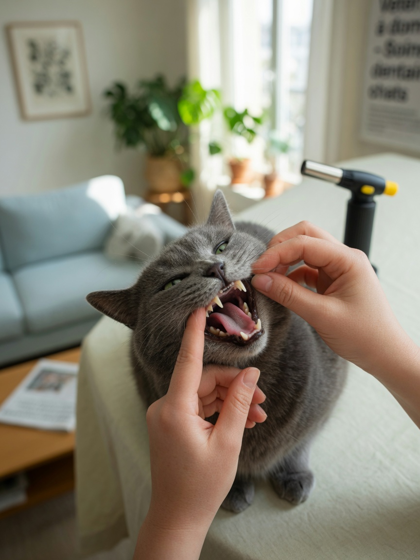Owner gently examining a cat's back molars with natural lighting in a home setting