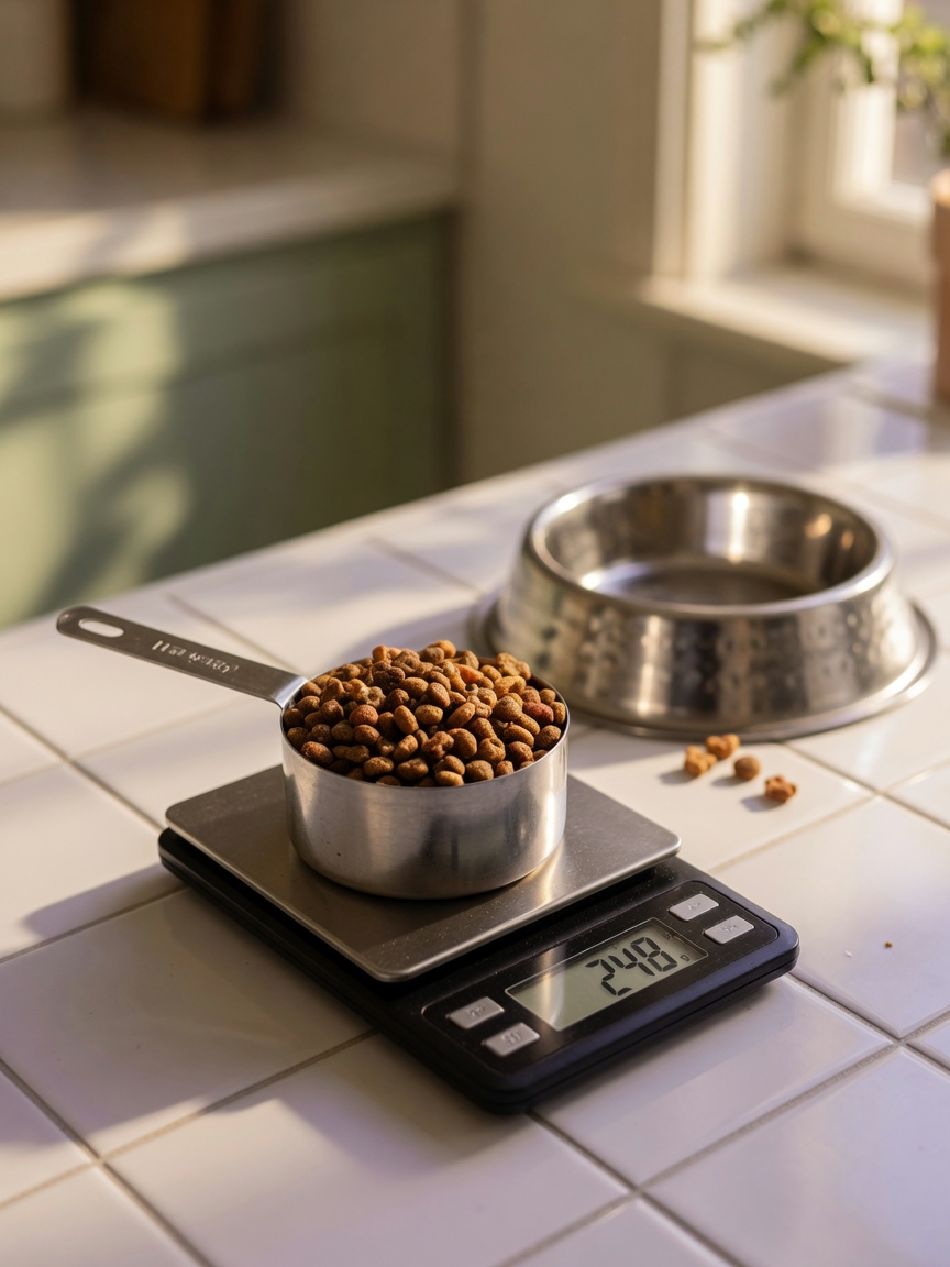 Kitchen scale with measuring cup of dog kibble demonstrating portion control