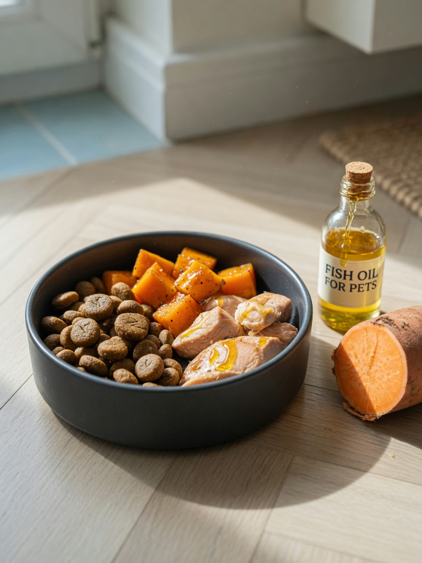 Close-up of a nutrient-rich dog meal with premium kibble, fish oil, sweet potato, and lean meat ingredients