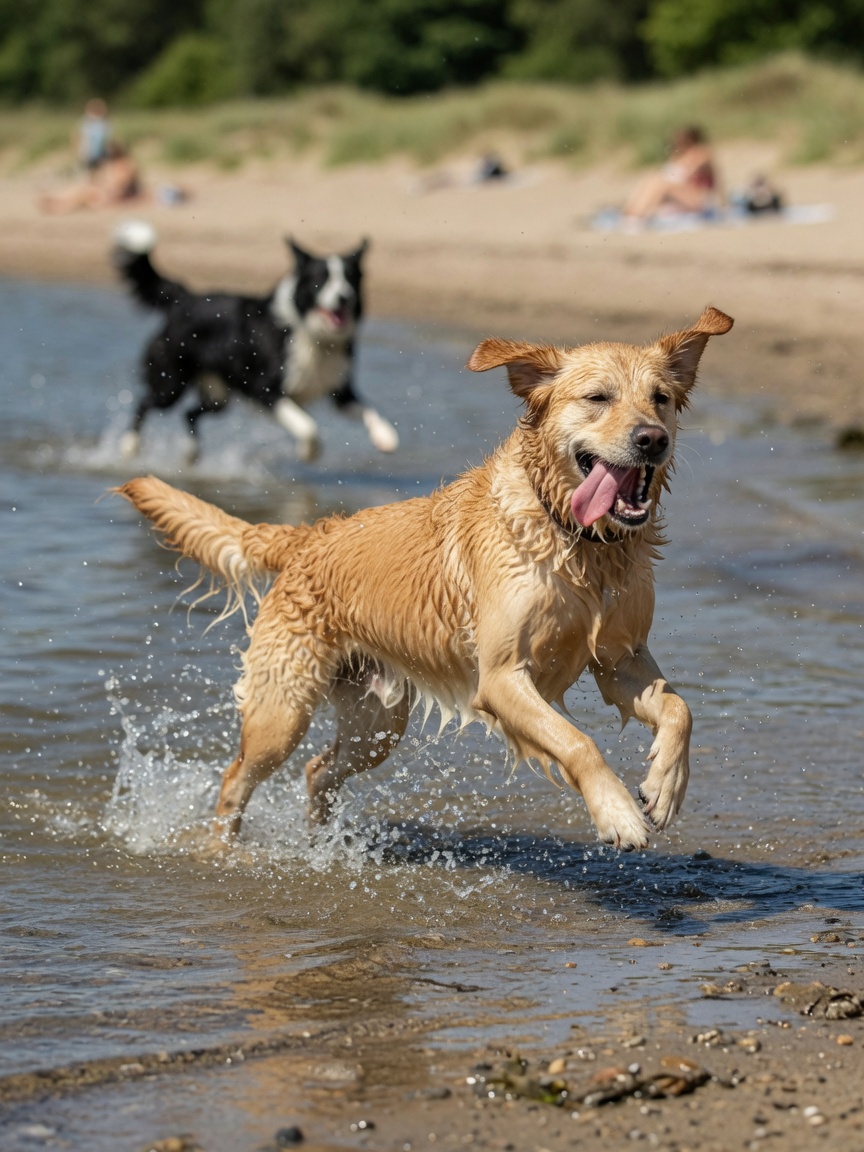 Dog running joyfully through water with another dog visible in background, showing physical exercise and natural socialisation