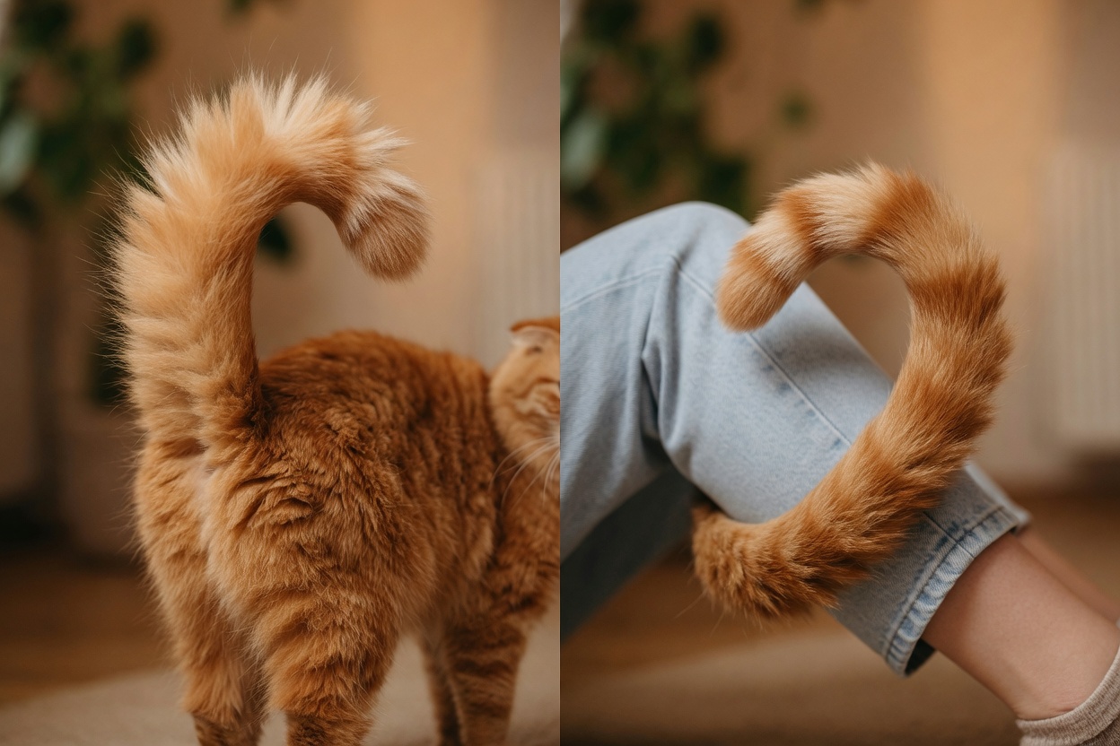 Close-up van rode kat staart met opgeblazen afweerhouding en liefkoze gekromde positie