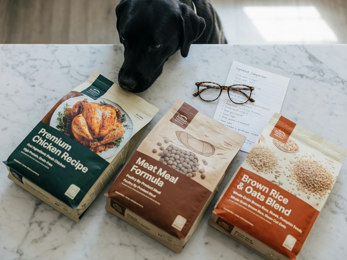 Drei verschiedene Hundefutter-Säcke nebeneinander mit verschiedenen Qualitätsstufen von Inhaltsstoffen, daneben ein schwarzer Labrador, der daran schnuppert.