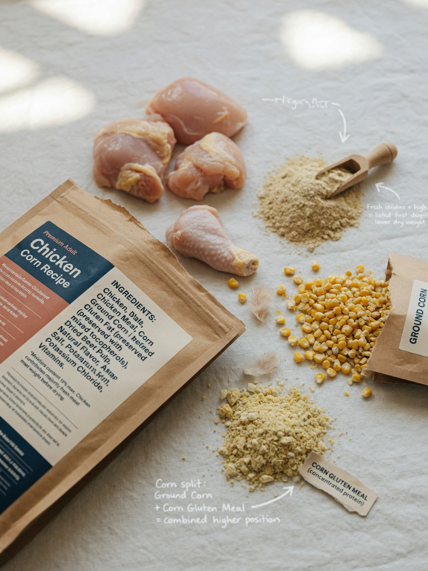 Rótulo de ração para animais de estimação com lista de ingredientes exibida ao lado dos ingredientes reais mostrando diferenças de umidade e composição