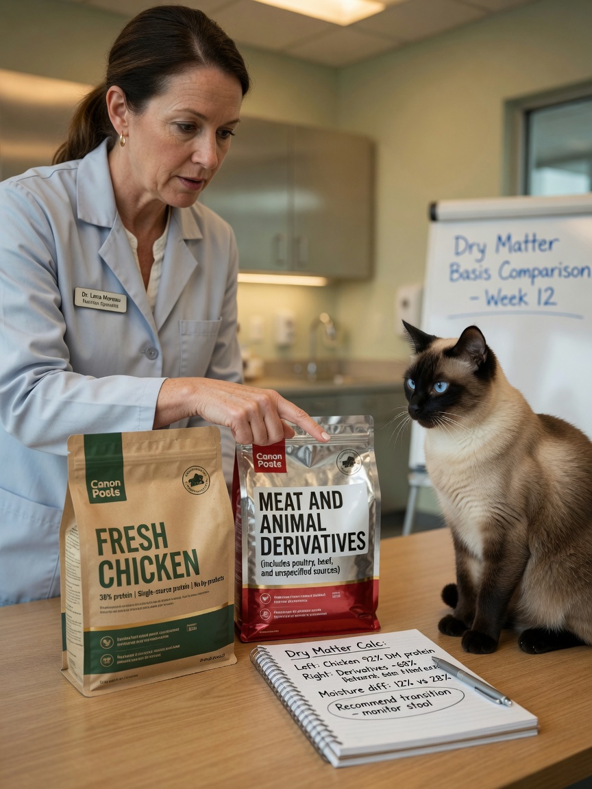 Two different pet food bags compared side by side, showing ingredient listing differences, with a cat observing