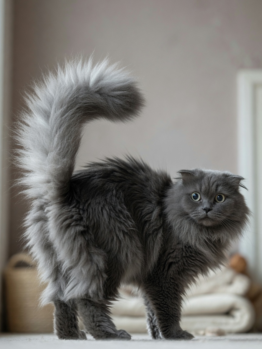 A cat with a dramatically puffed bottle-brush tail, flattened ears, and tense body posture signaling fear and defensive behavior