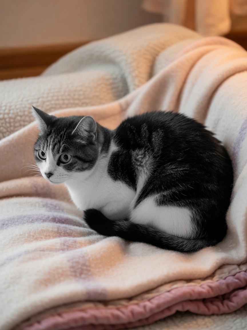 A cat with its tail tucked tightly between its hind legs, body lowered and tense, showing anxiety and fearful submission
