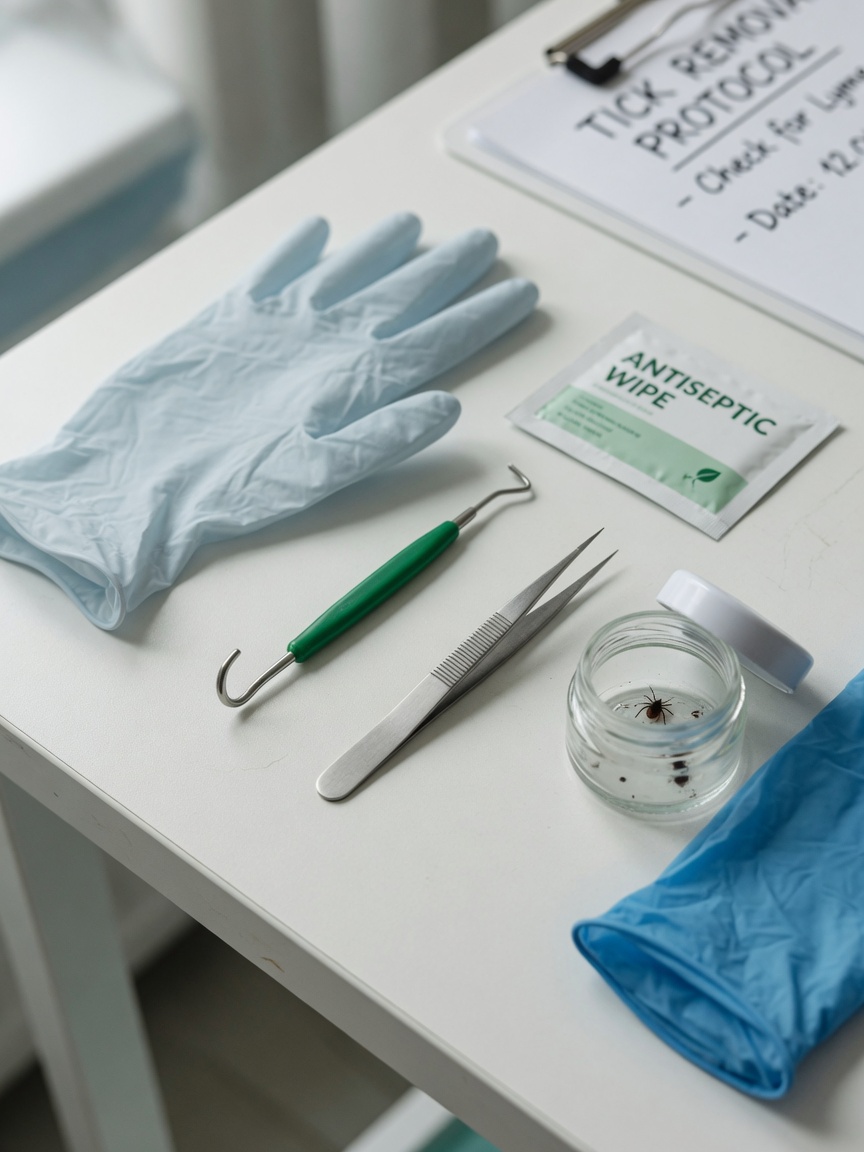 Tick removal tools laid out including a tick hook, tweezers, gloves, antiseptic wipe, and disposal jar