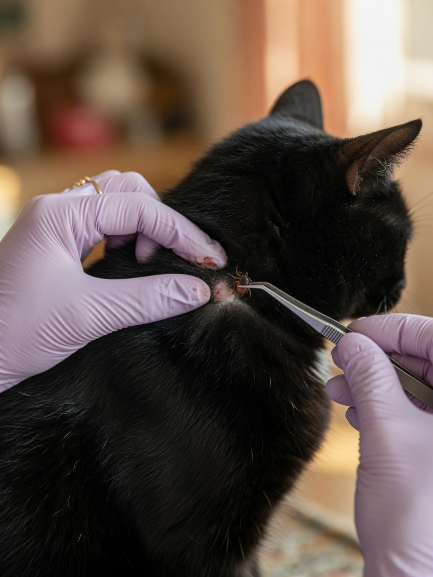 Person using tweezers to carefully remove a tick from a black cat's skin by grasping it near the head