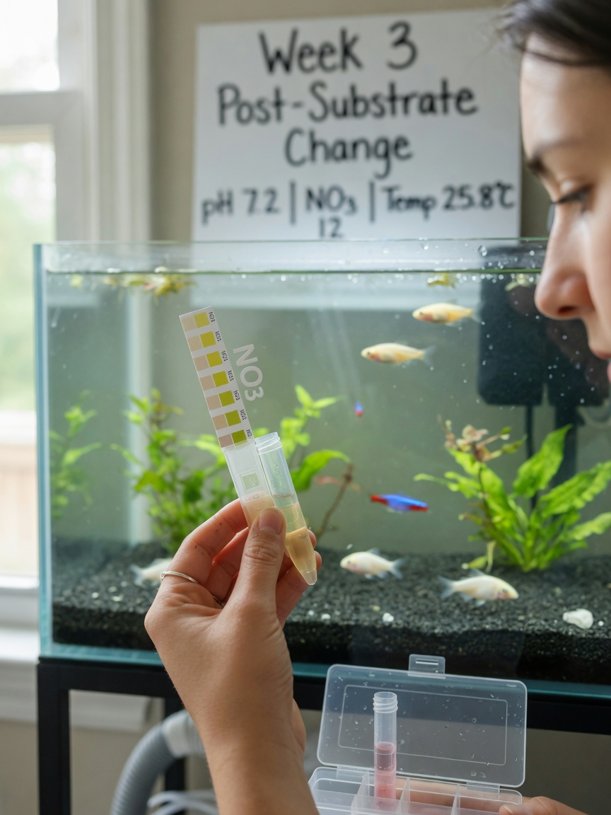 Aquarienbesitzer hält Wasser-Testset gegen das Licht, während er frisch gepflegtes Aquarium mit klarem Wasser und Fischen überwacht