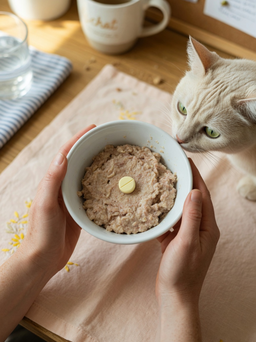 Cat owner presenting a small bowl of wet food with a hidden pill to an interested cat