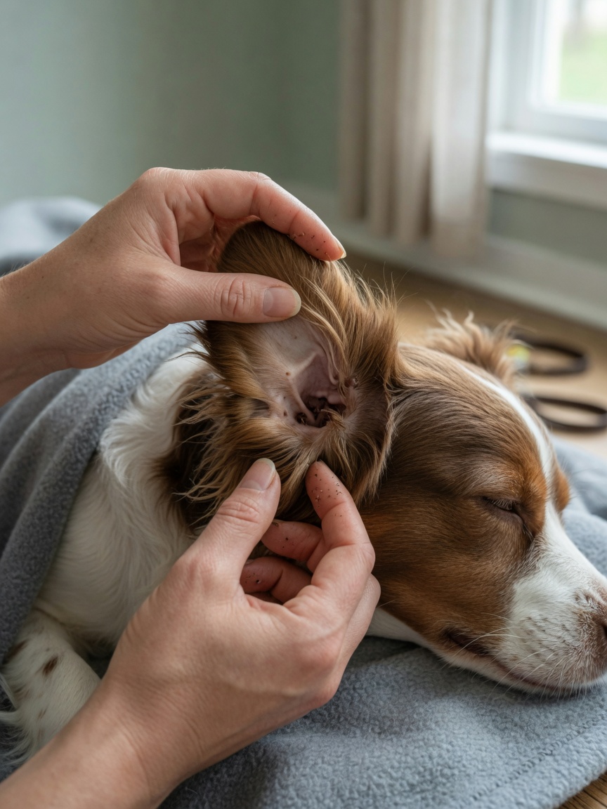 Dog owner checking a dog's ears for ticks after a walk in tick-prone areas