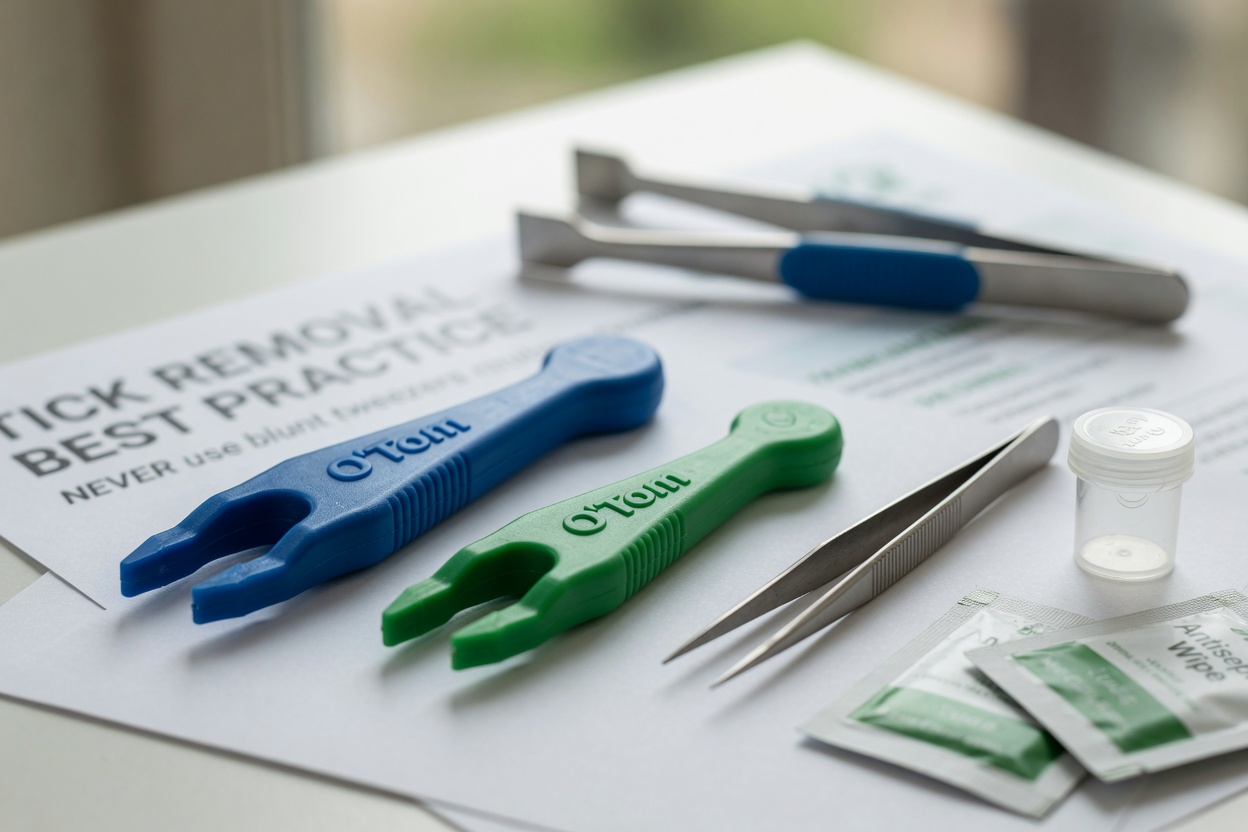 Proper tick removal tools including tick hooks, fine-tipped tweezers, and disposal container arranged on a white surface