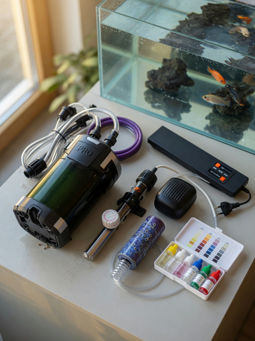 Array of essential cichlid aquarium equipment including canister filter, submersible heater, air pump, airstone, light timer, and water test kit