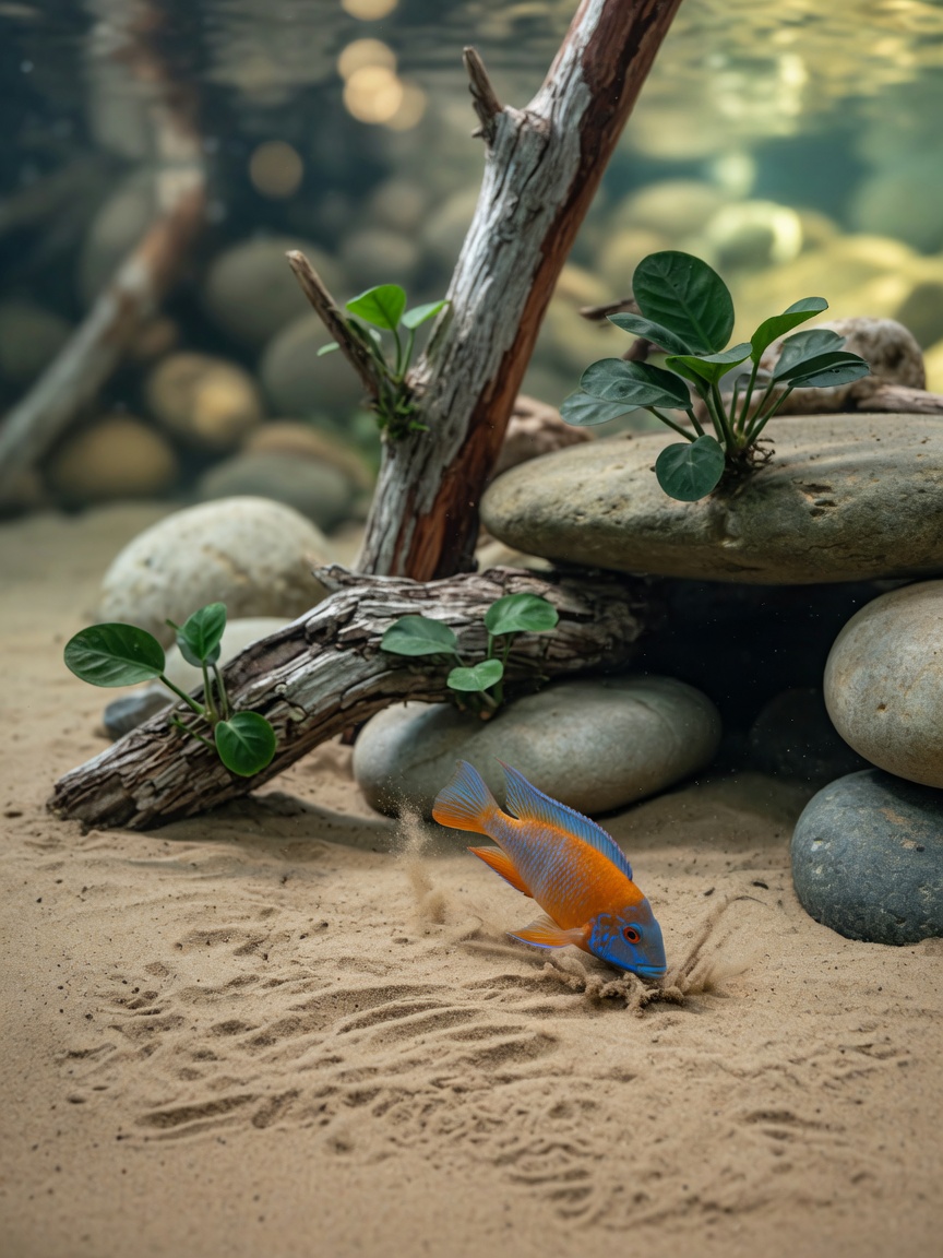 Underwater view of cichlid tank substrate with fine sand, smooth rocks forming caves, driftwood, and anchored Anubias plants with a swimming cichlid