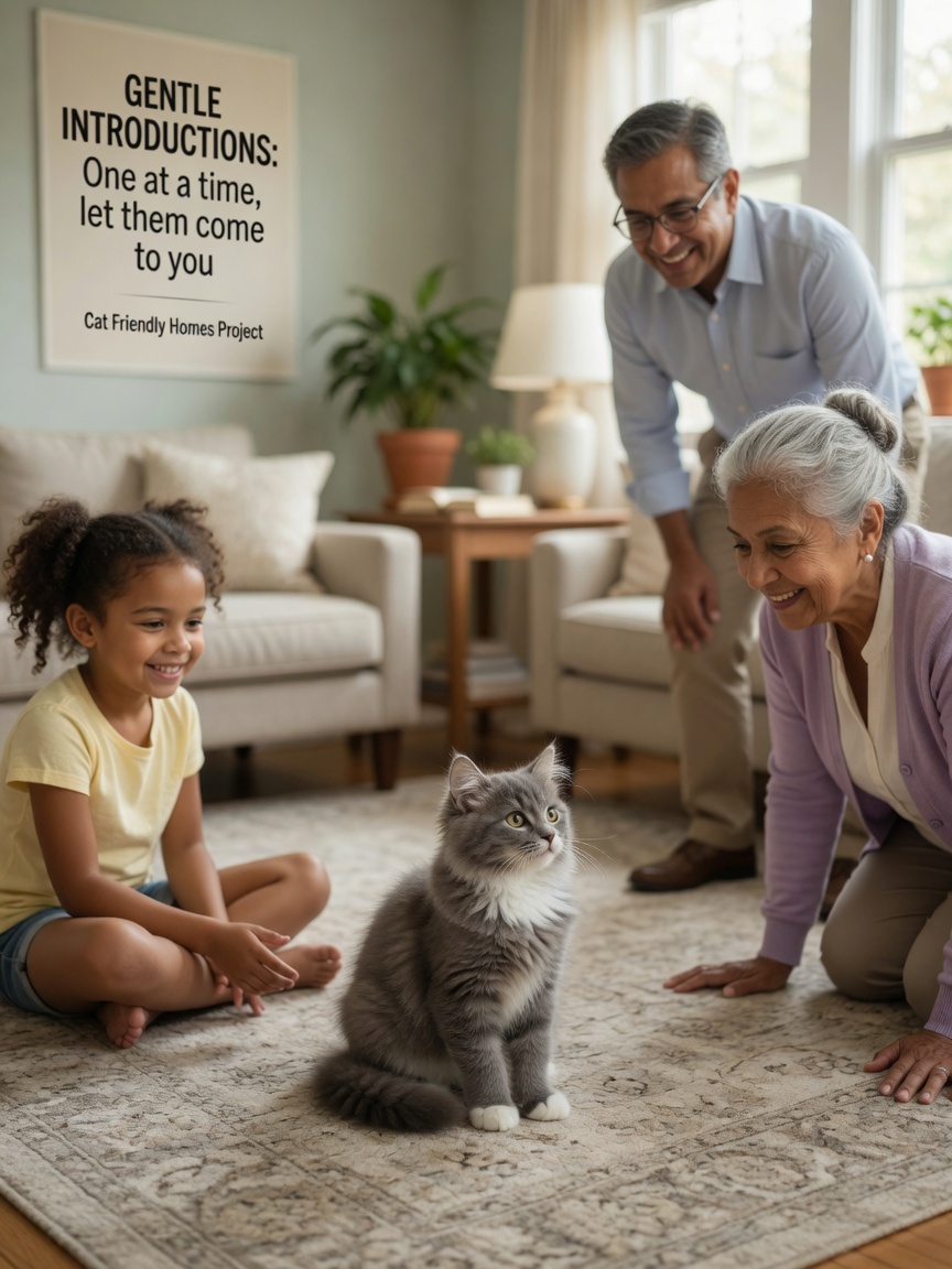 Kitten calmly meeting visitors of different ages sitting at kitten level