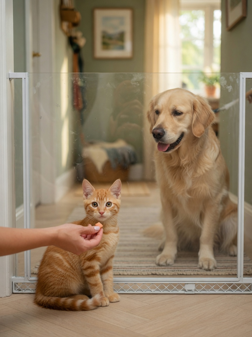 Kitten and dog meeting safely across a gate during controlled introduction