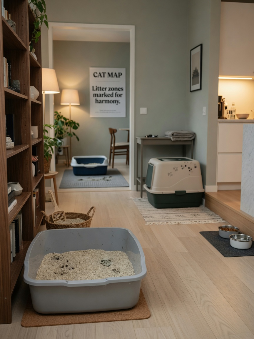 Multiple litter boxes positioned throughout a home in quiet, accessible locations away from food areas
