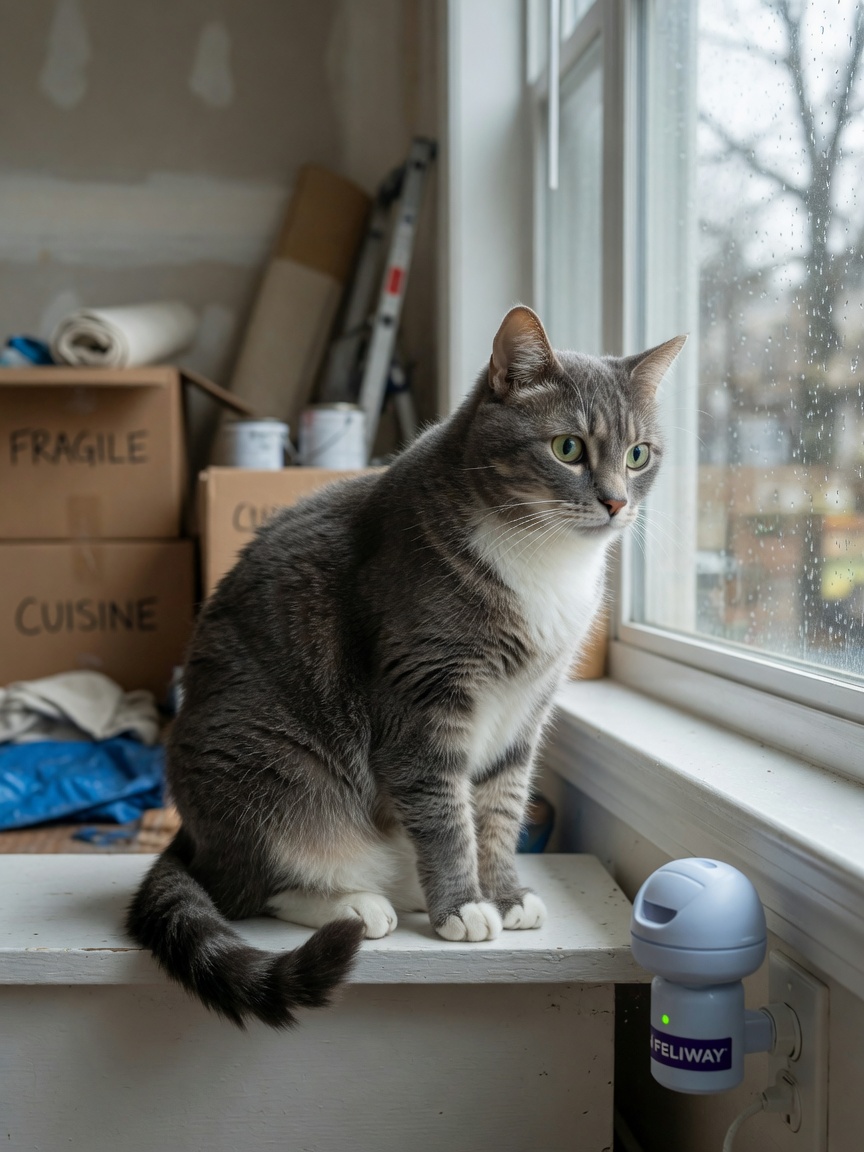 Anxious cat on a window sill with home renovation boxes visible in the background, pheromone diffuser in the room