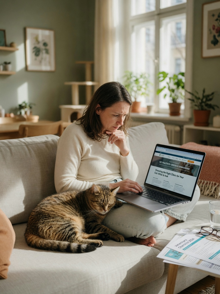 Pet owner researching veterinary practices online at home with their companion animal nearby