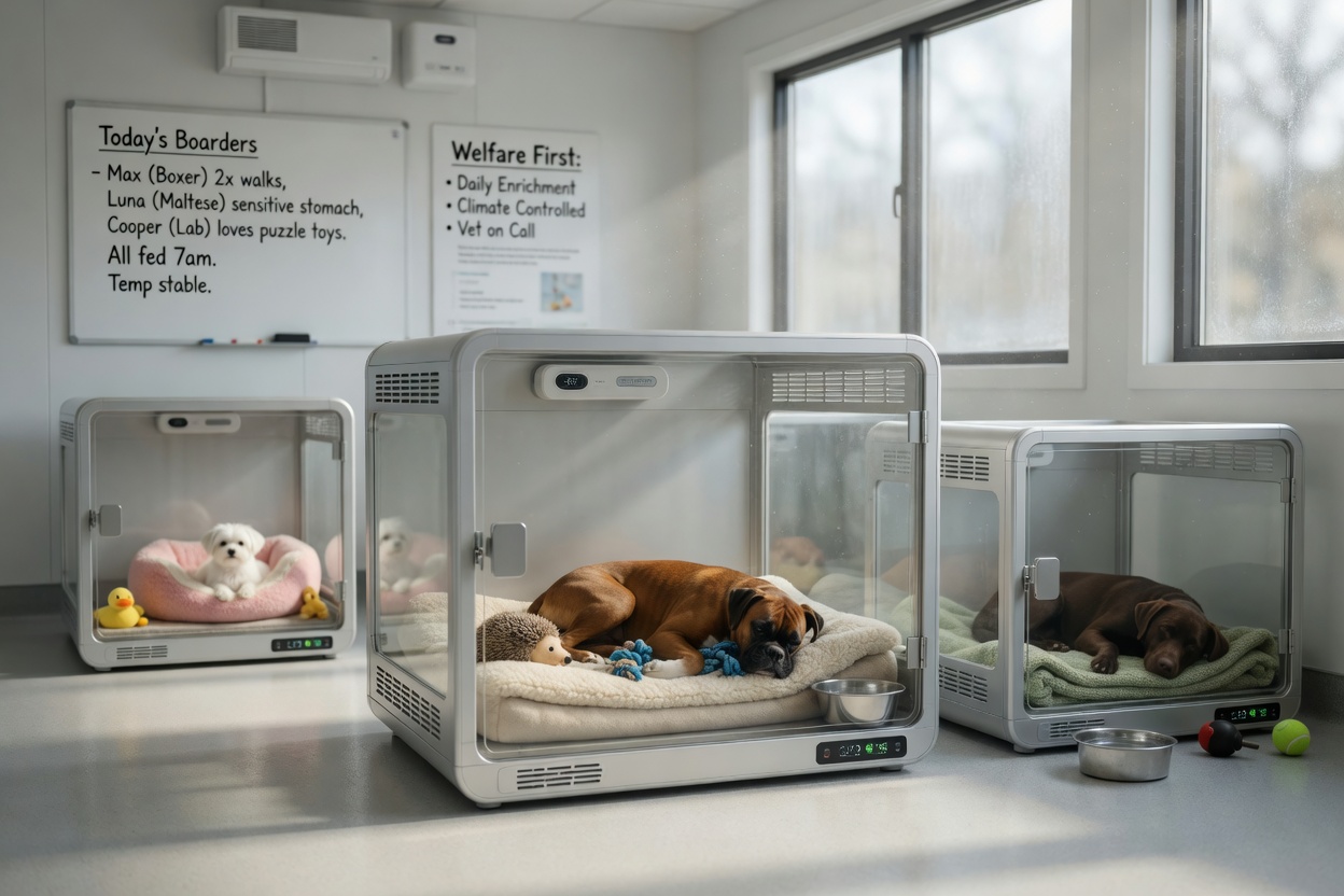 Clean, professional dog boarding kennels with secure enclosures, comfortable bedding, water bowls, and multiple dogs resting peacefully in temperature-controlled space