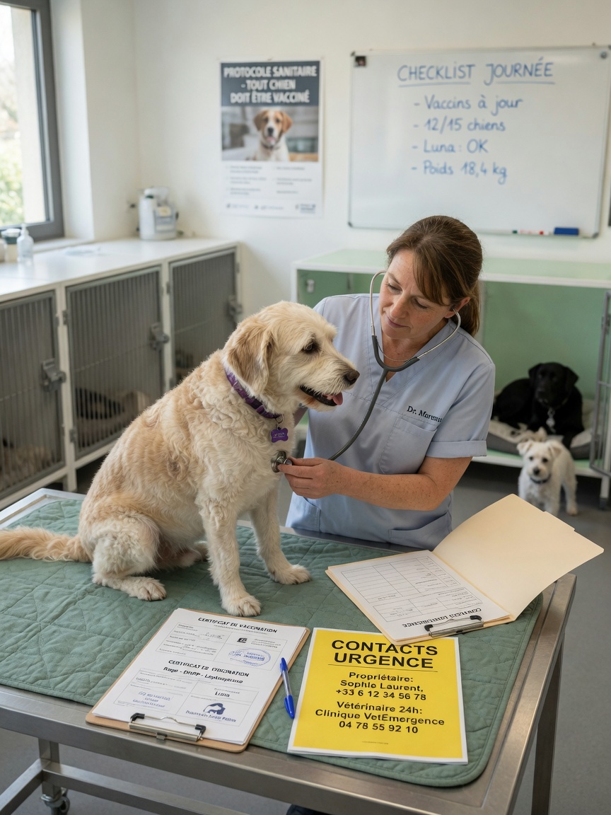 Professional health screening at dog boarding facility with caretaker examining dog with stethoscope, reviewing vaccination records and health documentation
