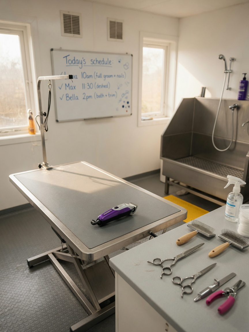 Professional dog grooming salon workspace with grooming table, quality tools, and proper facilities