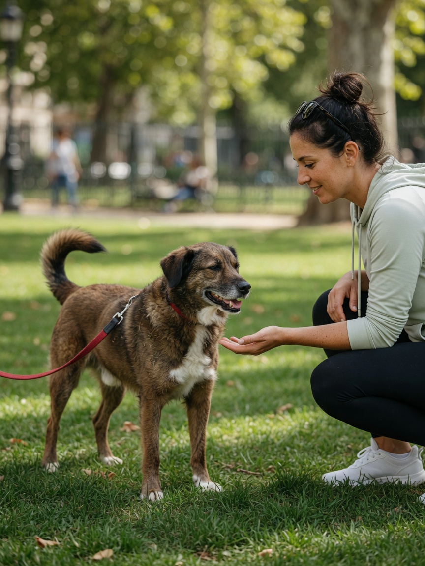 Passeador de cães demonstrando manipulação adequada de animais e avaliação de linguagem corporal atenta com um cão calmo