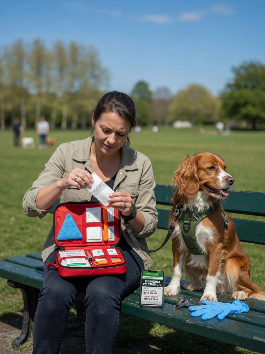 Passeador de cães com kit de primeiros socorros e suprimentos de emergência durante um passeio seguro e supervisionado no parque