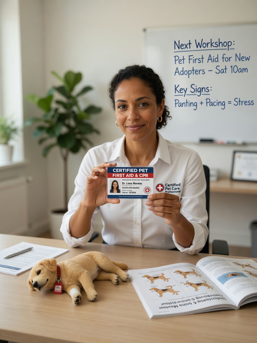 Pet care professional displaying First Aid and CPR certification with training materials at a clean desk