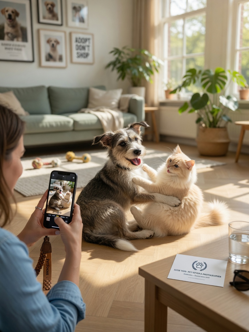 Pet sitter photographing a playful terrier mix and cream cat together, with business card visible on side table