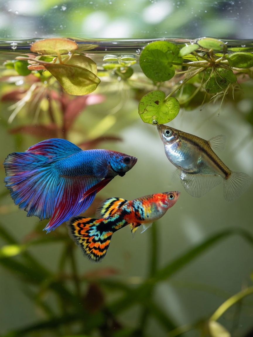 Drei Oberflächenfischarten im Aquarium - Kampffisch, Guppy und Flugfisch - an der Wasseroberfläche in der Nähe von Schwimmpflanzen positioniert