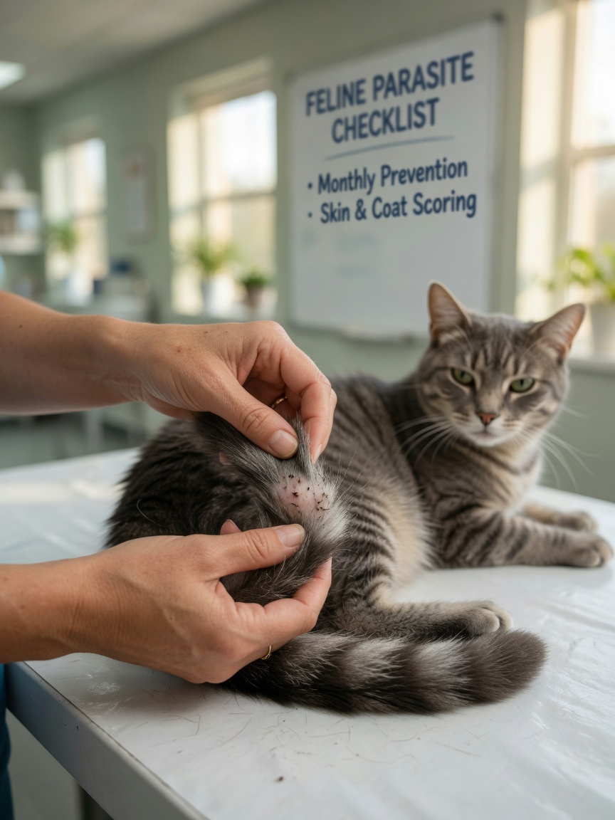 Veterinarian examining a cat's tail for parasites and skin conditions during a medical inspection