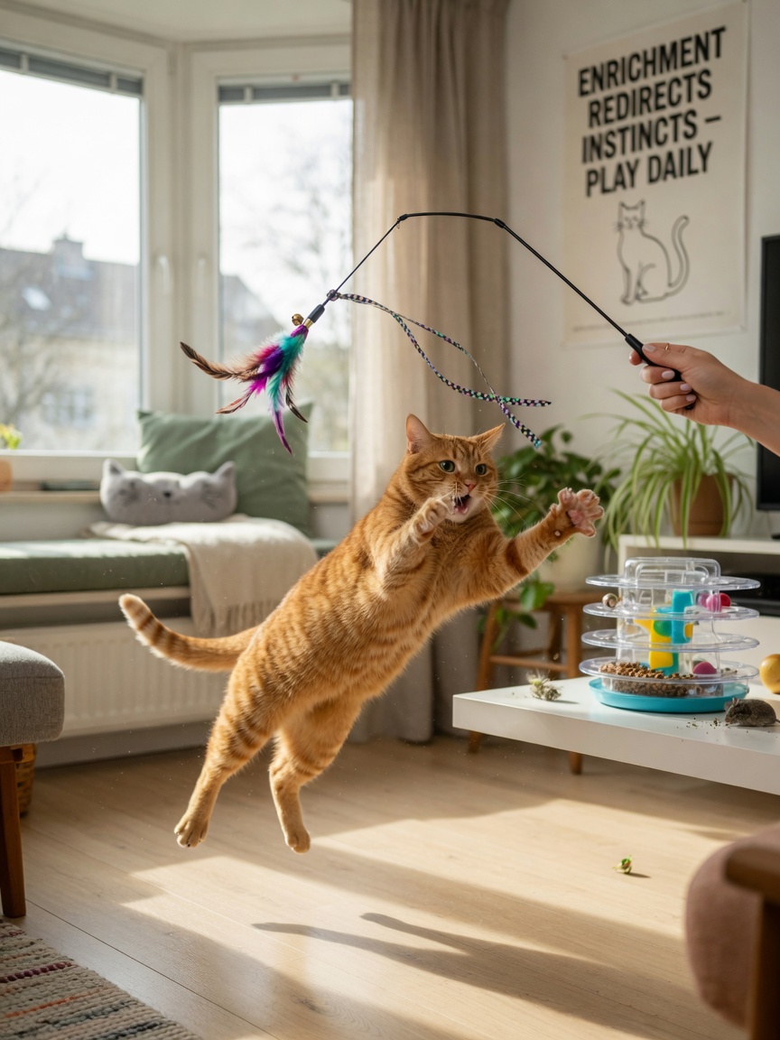 Cat playing with a feather wand toy in an enriched living environment with window perch and puzzle feeder visible