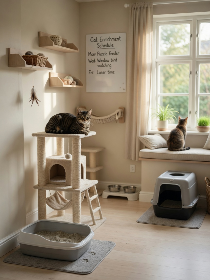 Multi-cat enriched environment with vertical territory, multiple litter boxes, and window access