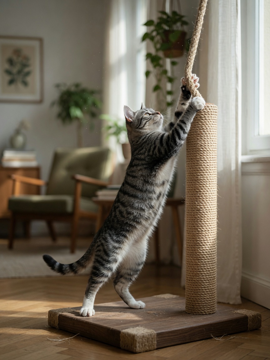 Gray tabby cat stretching and scratching a tall sisal rope post with full body engagement