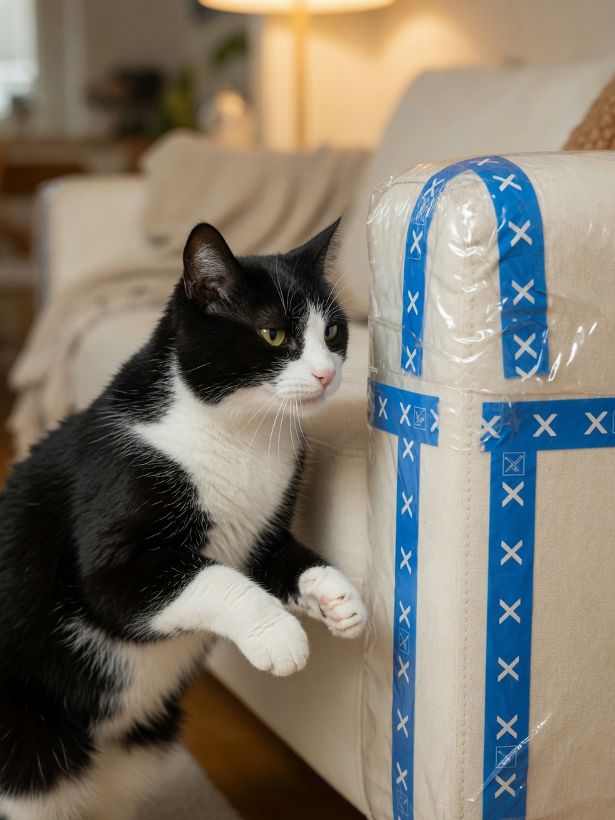 Black and white tuxedo cat hesitating before a furniture corner protected with deterrent tape
