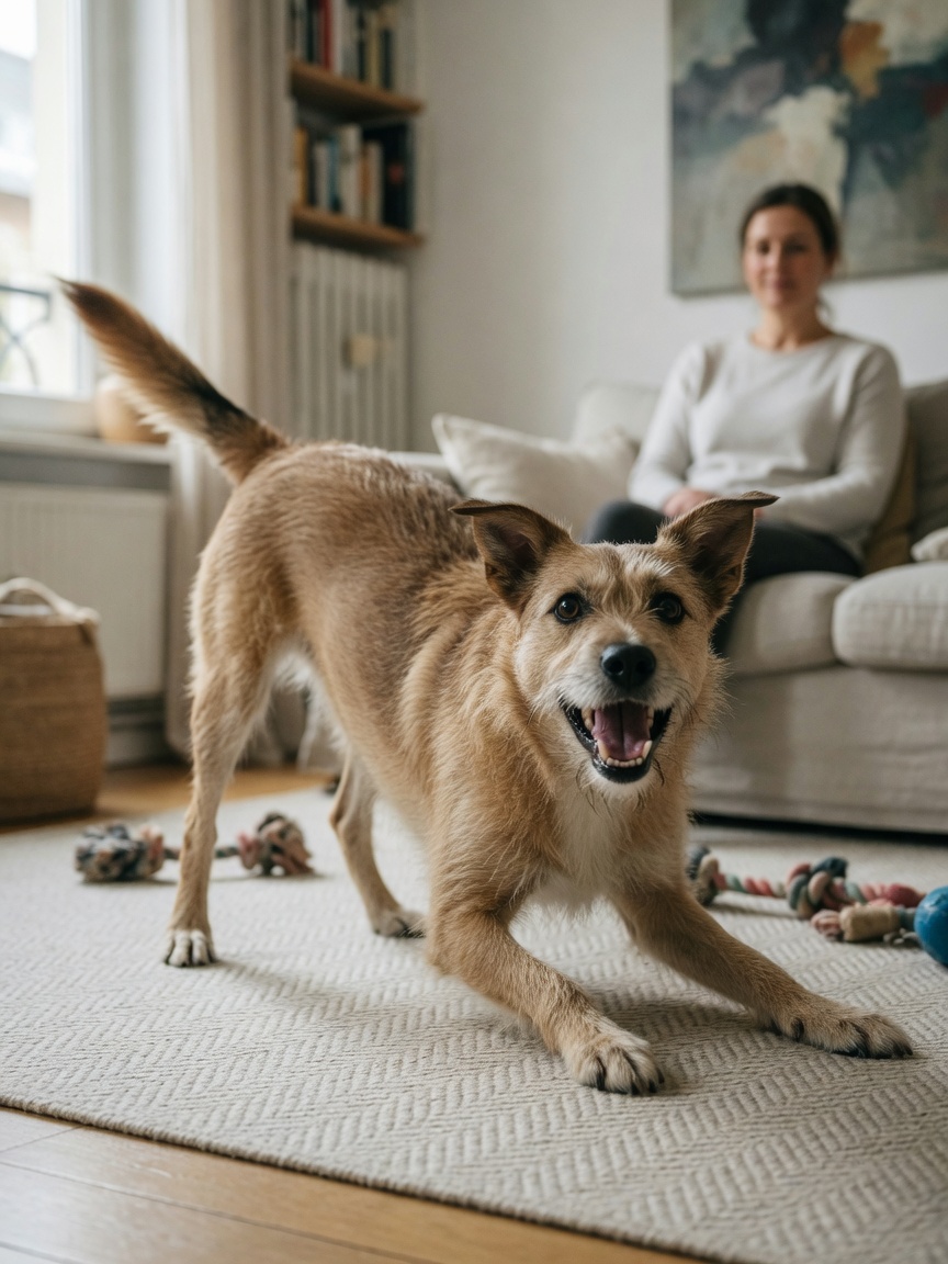 Dog in play bow position with rapid tail wag showing excitement escalation signs