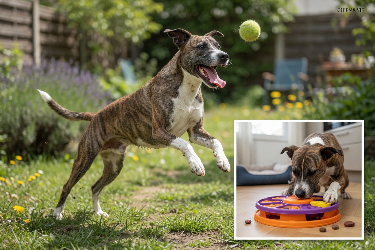 Dog leaping for fetch ball outdoors and separately solving interactive puzzle toy indoors