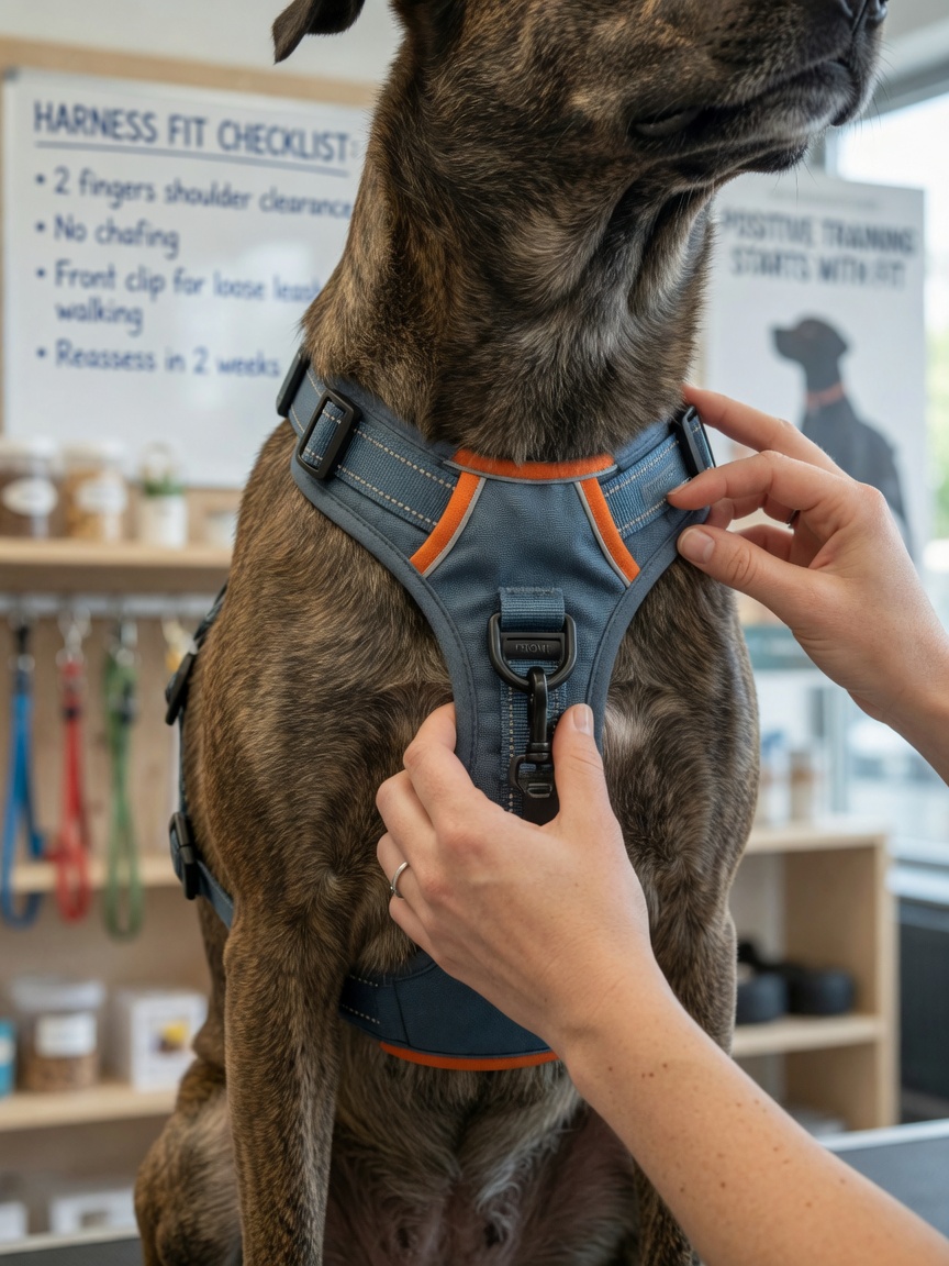 A professional checking the fit of a front-clip harness on a dog's chest during equipment fitting