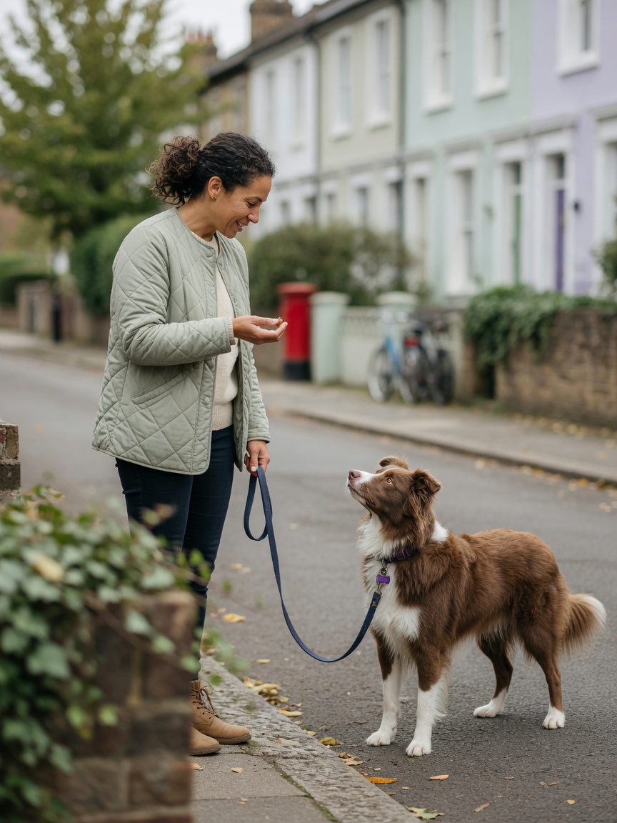 Owner rewarding a dog with a treat after achieving a loose lead during stop-and-stand training