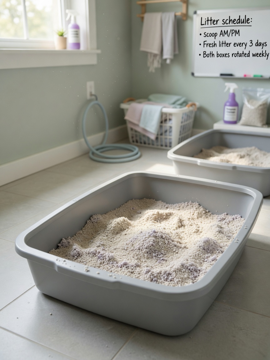 Two large, clean open litter boxes with fresh litter placed in a quiet, accessible laundry room location