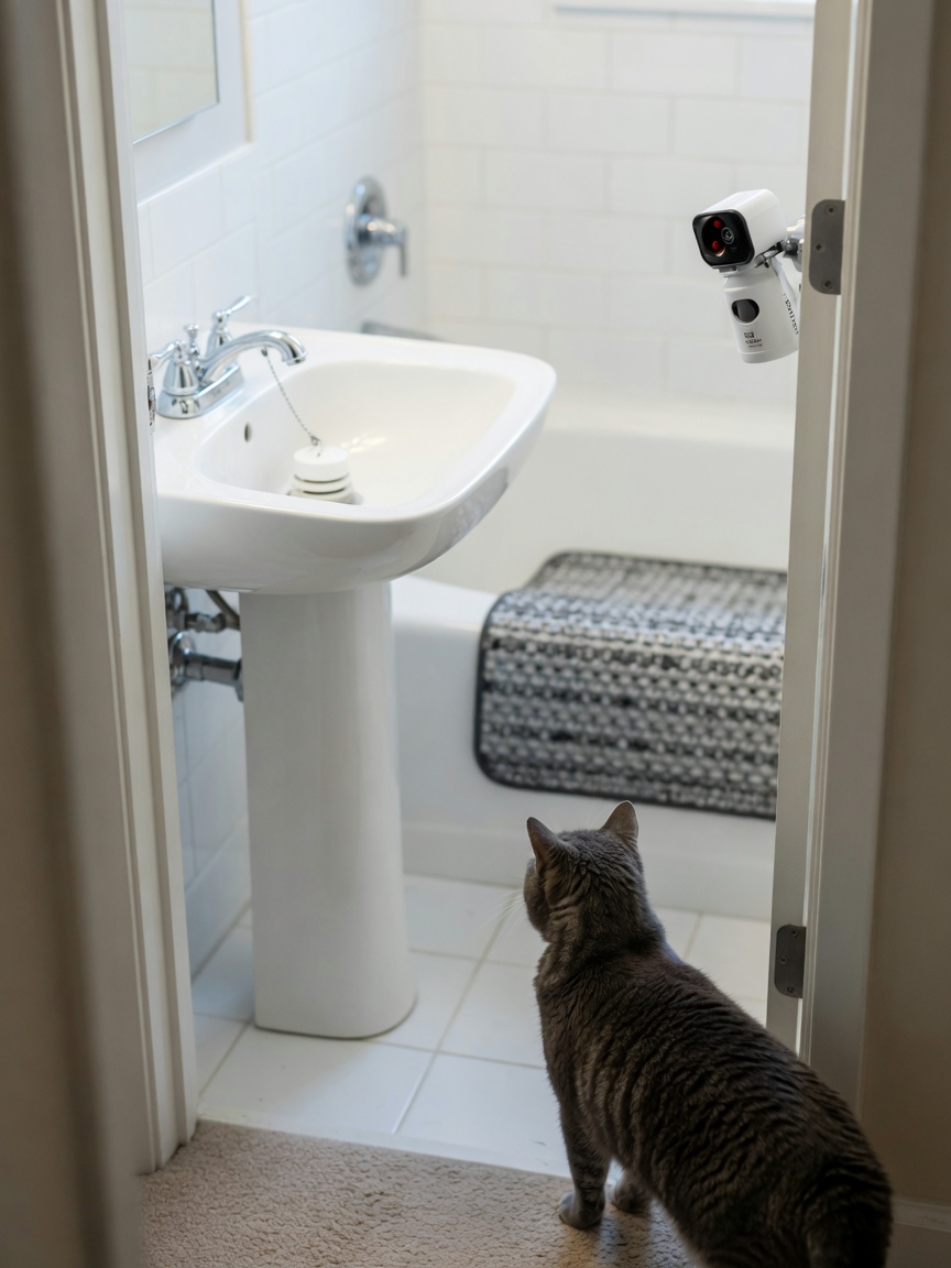 A modern bathroom showing a plugged sink drain, textured shower mat in tub, and motion-activated deterrent spray near the door, with a cat standing outside