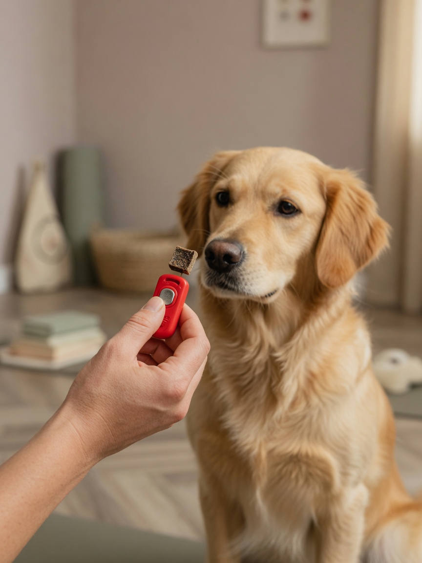 Dog trainer using clicker to reinforce quiet behavior with attentive sitting dog during positive training session
