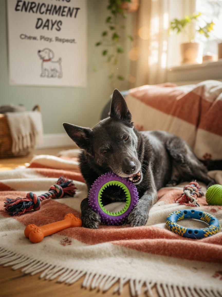 Cão adulto satisfeito com múltiplos brinquedos para mascar numa manta macia com iluminação quente do lar