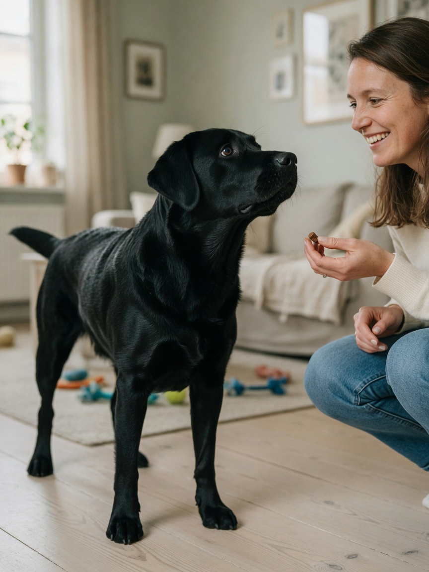 Black labrador with all four paws on floor receiving treat reward from crouching woman