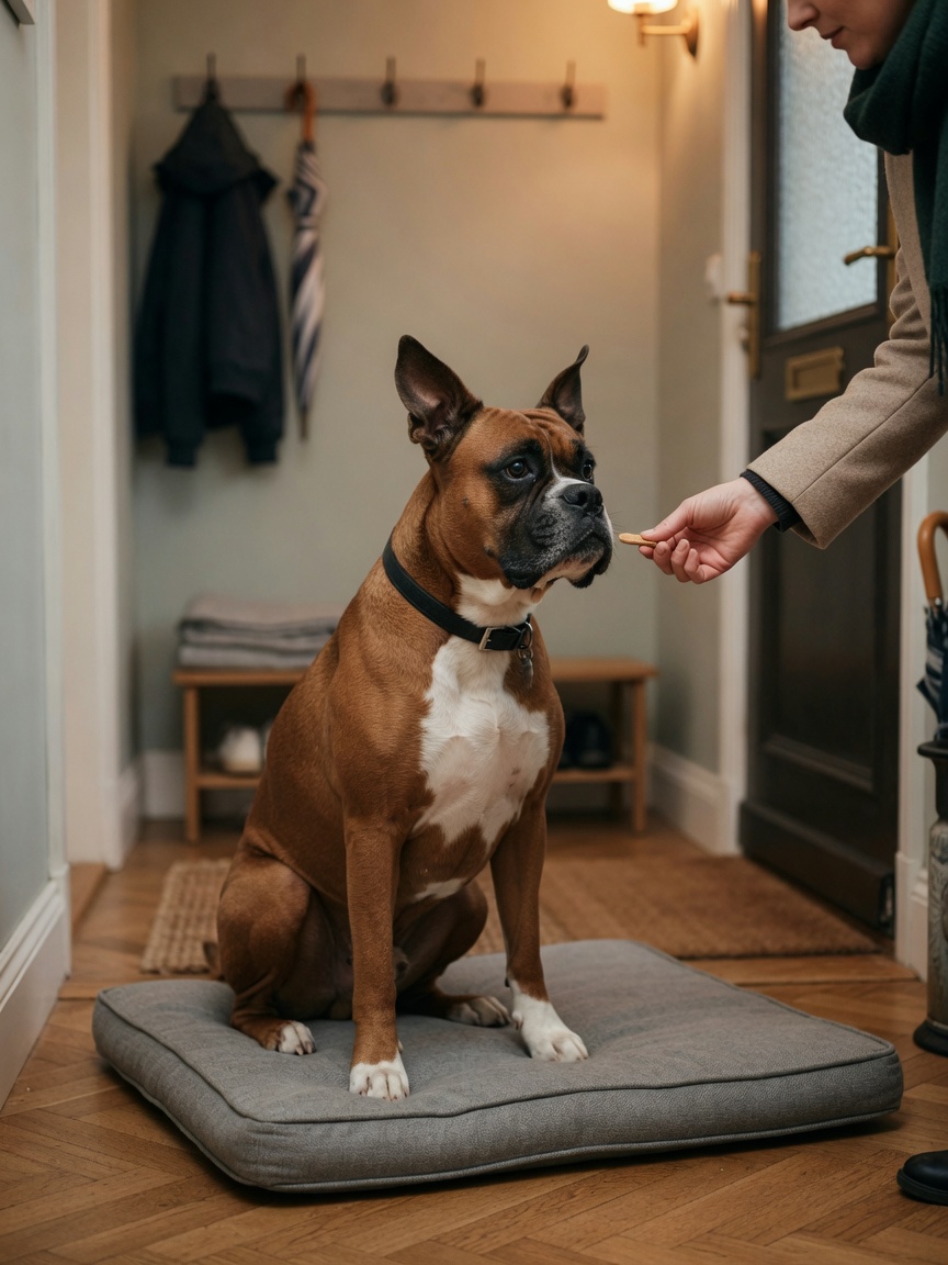 Boxer dog sitting calmly on mat while visitor offers treat during greeting protocol