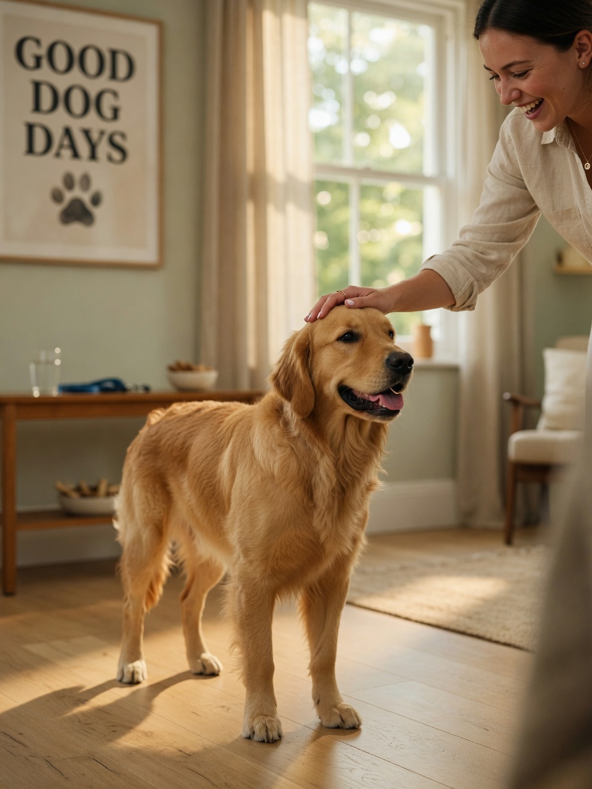 Eigenaar prijst en aait een hond die alle vier poten op de grond heeft, met de beloningsmoment van de vier-poten-regel
