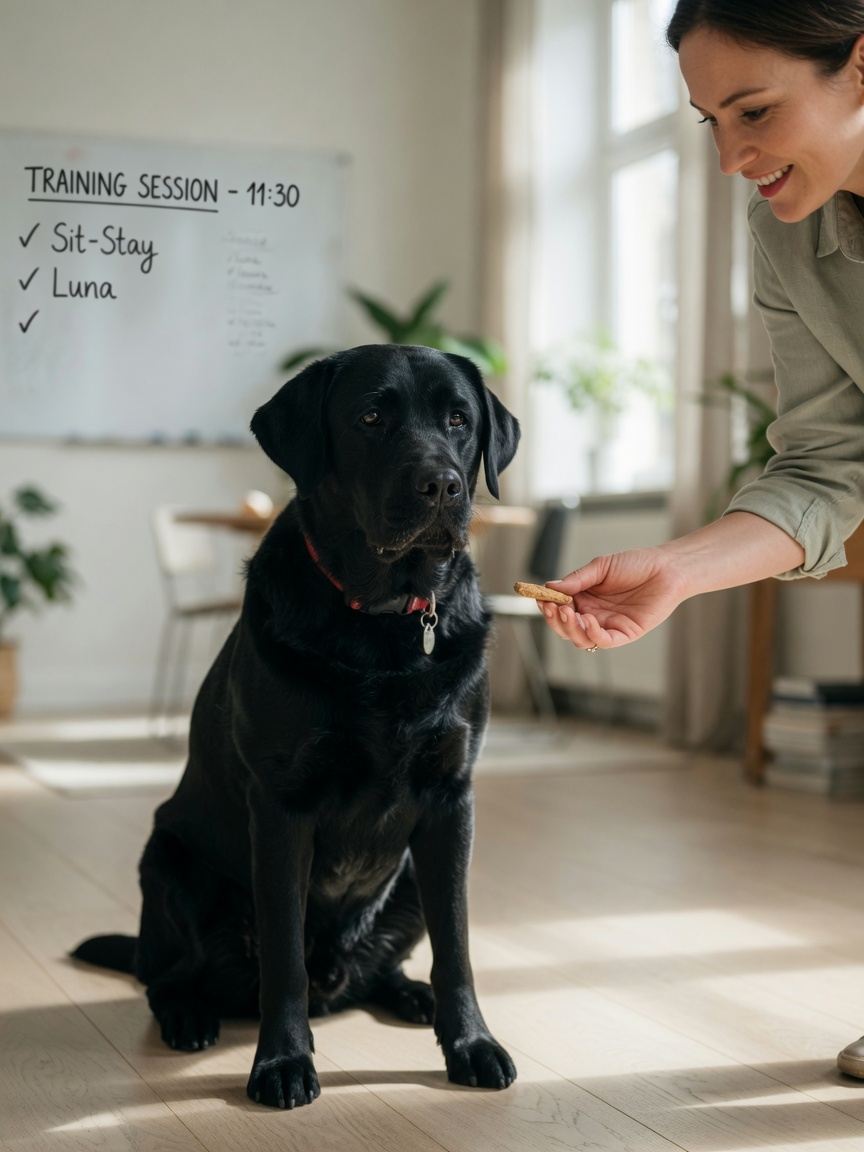 Een zittende hond aan wie een traktatie wordt aangeboden door een trainer, dit toont de zit-voor-aandacht-techniek
