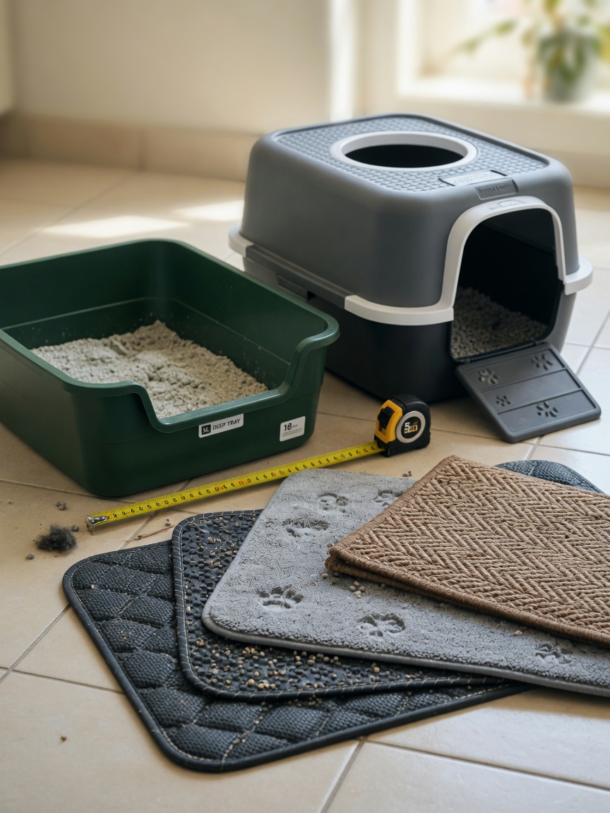 Verschiedene Katzentoiletten-Designs und Schutzmatte auf Fliesenboden